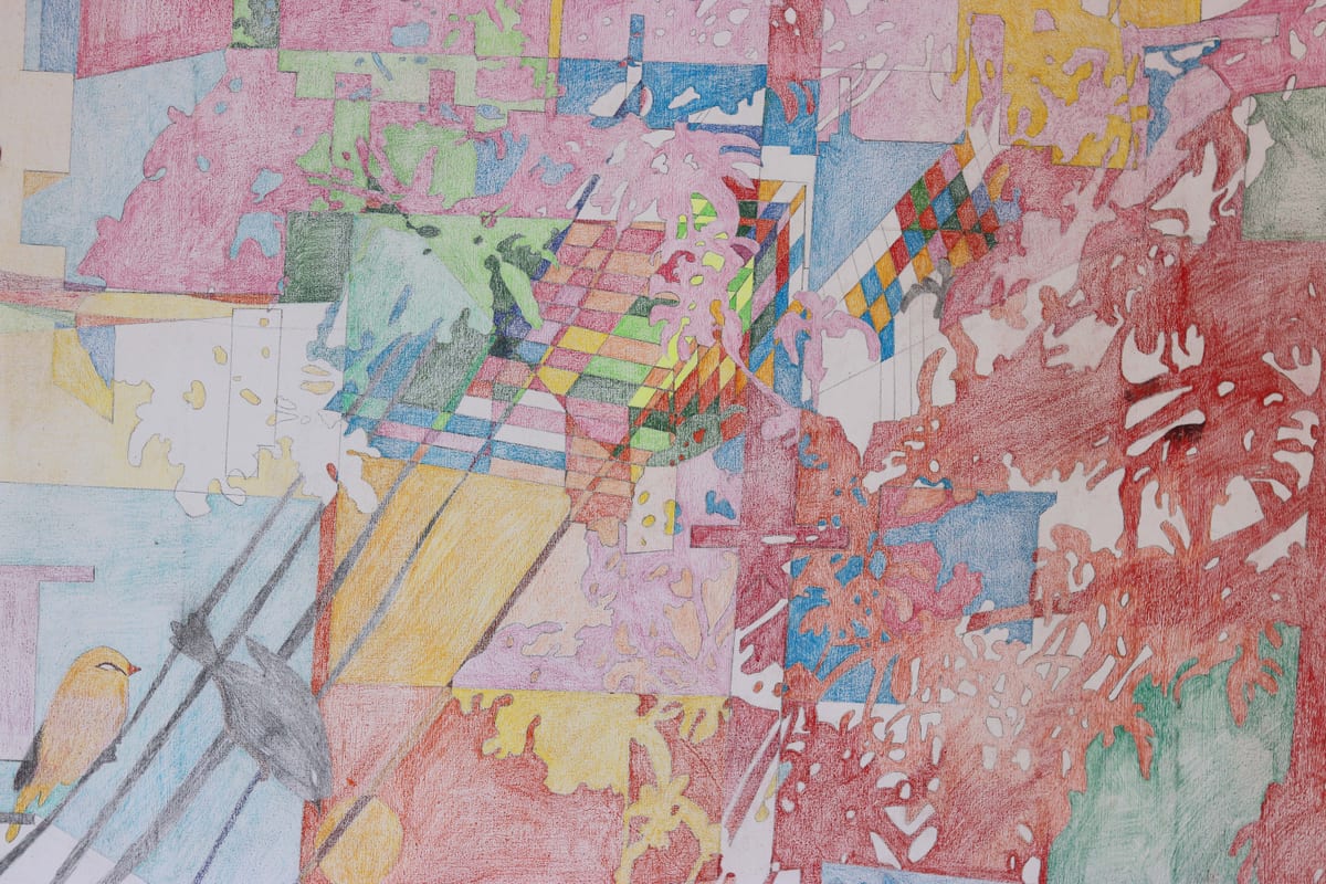 Close-up detail of the colored-pencil drawing Moghbazar, showing dense pastel hatching across Dhaka rooftops and birds among the antennas (detail I of IV)