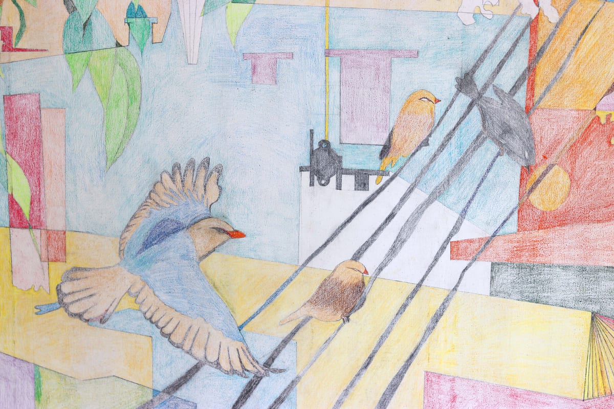Close-up detail of the colored-pencil drawing Moghbazar, showing dense pastel hatching across Dhaka rooftops and birds among the antennas (detail II of IV)