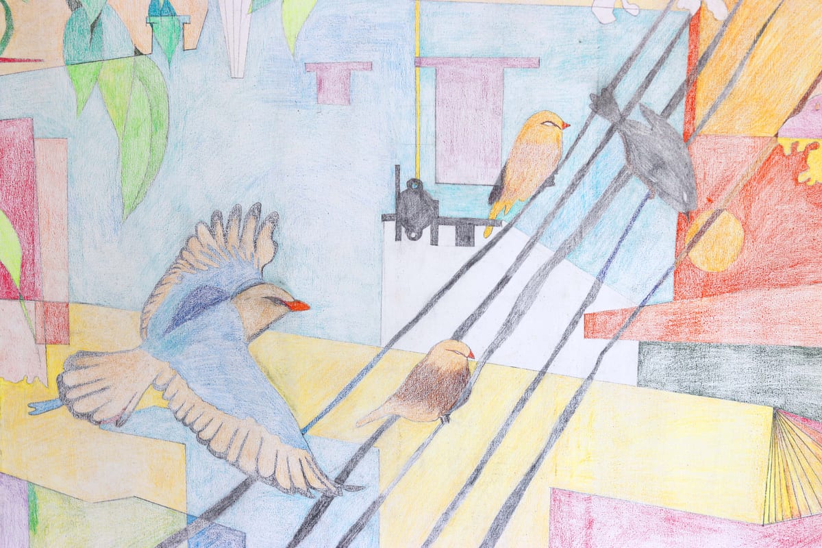 Close-up detail of the colored-pencil drawing Moghbazar, showing dense pastel hatching across Dhaka rooftops and birds among the antennas (detail III of IV)