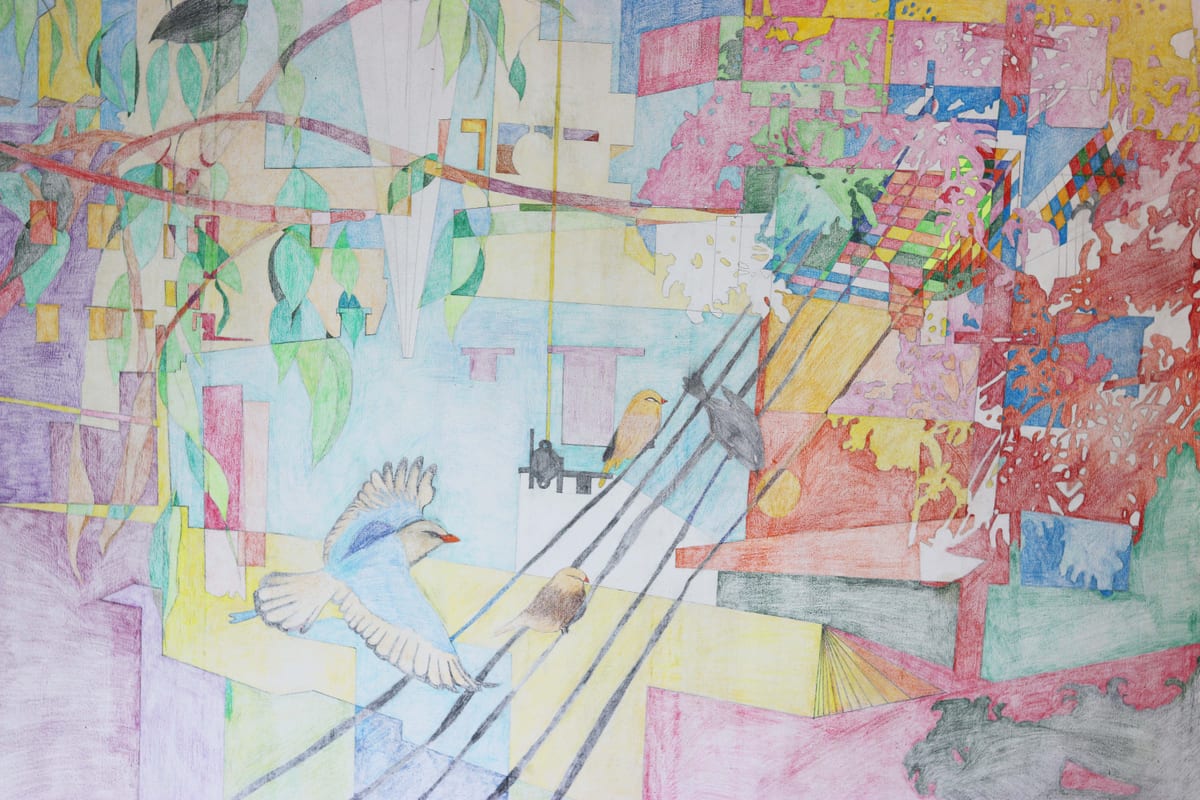 Installation view of the exhibition Moghbazar at MOCAD, Dhaka, with framed colored-pencil drawings installed on the gallery wall (view 1 of 7)