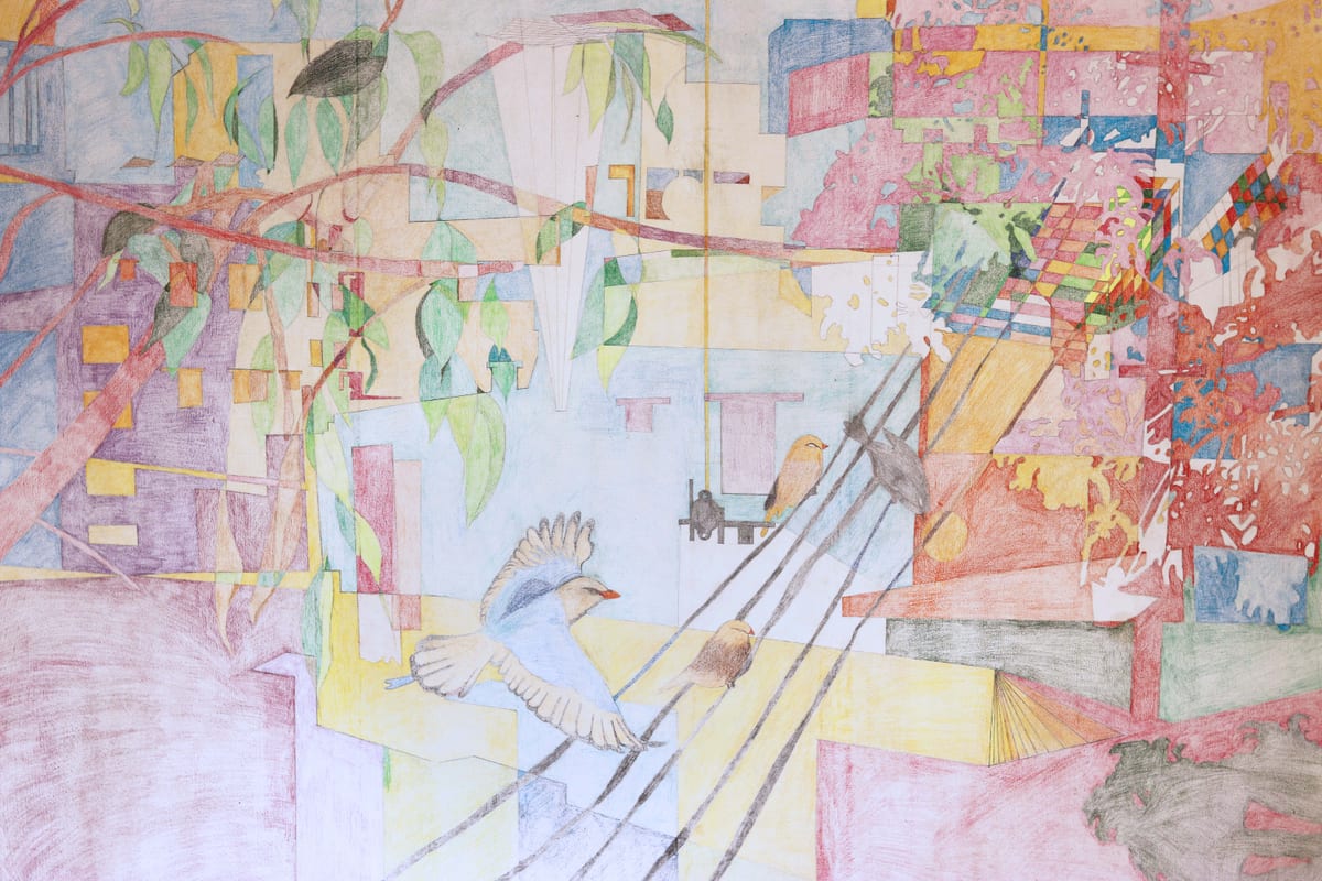 Installation view of the exhibition Moghbazar at MOCAD, Dhaka, with framed colored-pencil drawings installed on the gallery wall (view 2 of 7)