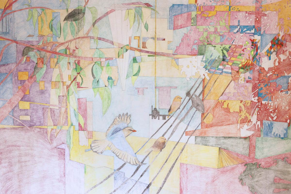 Installation view of the exhibition Moghbazar at MOCAD, Dhaka, with framed colored-pencil drawings installed on the gallery wall (view 3 of 7)
